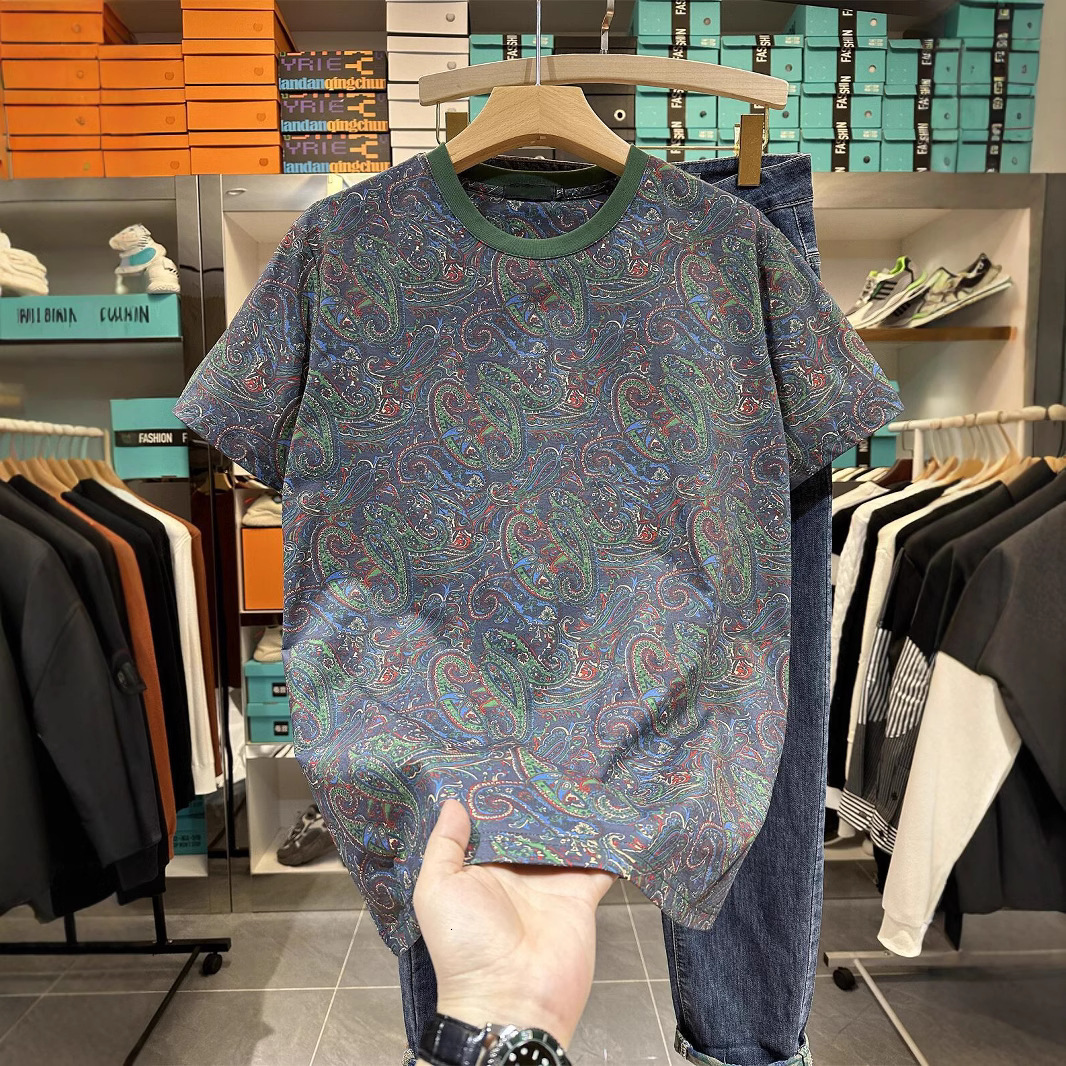 Men's Retro Paisley Short Sleeve T-shirt 2025 Summer New Korean Style Trendy Designer Shirt Slim Fit Thin Half Designer Hoodie Sleeve Tee
