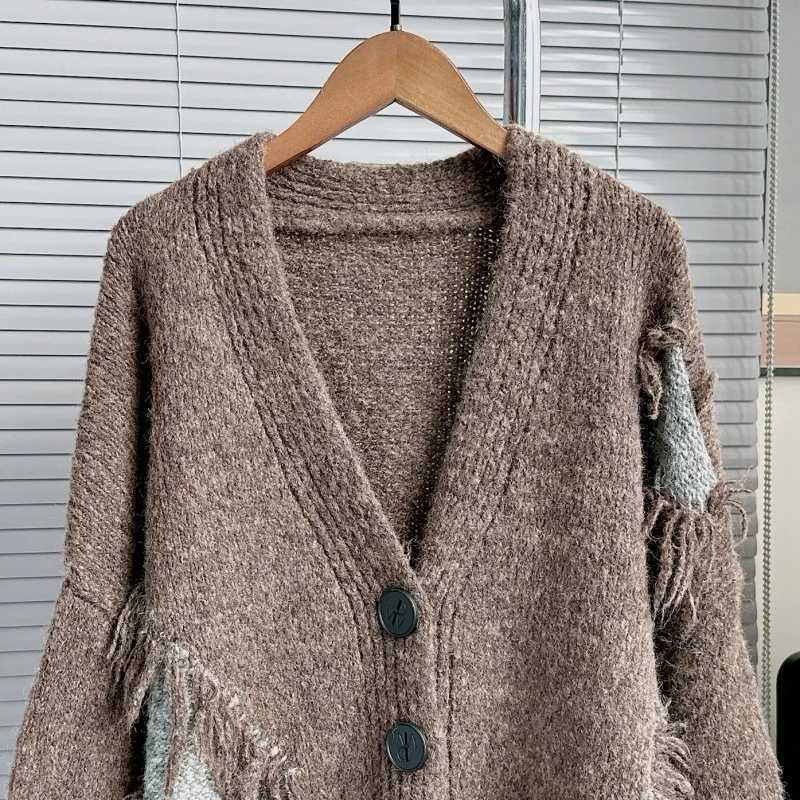 DEAT Womens Cardigan Vneck Patchwork Tassel Loose Long Slve Irregular Knitted Sweaters 2025 New Autumn Fashion 29A3213 L251010LW2Q