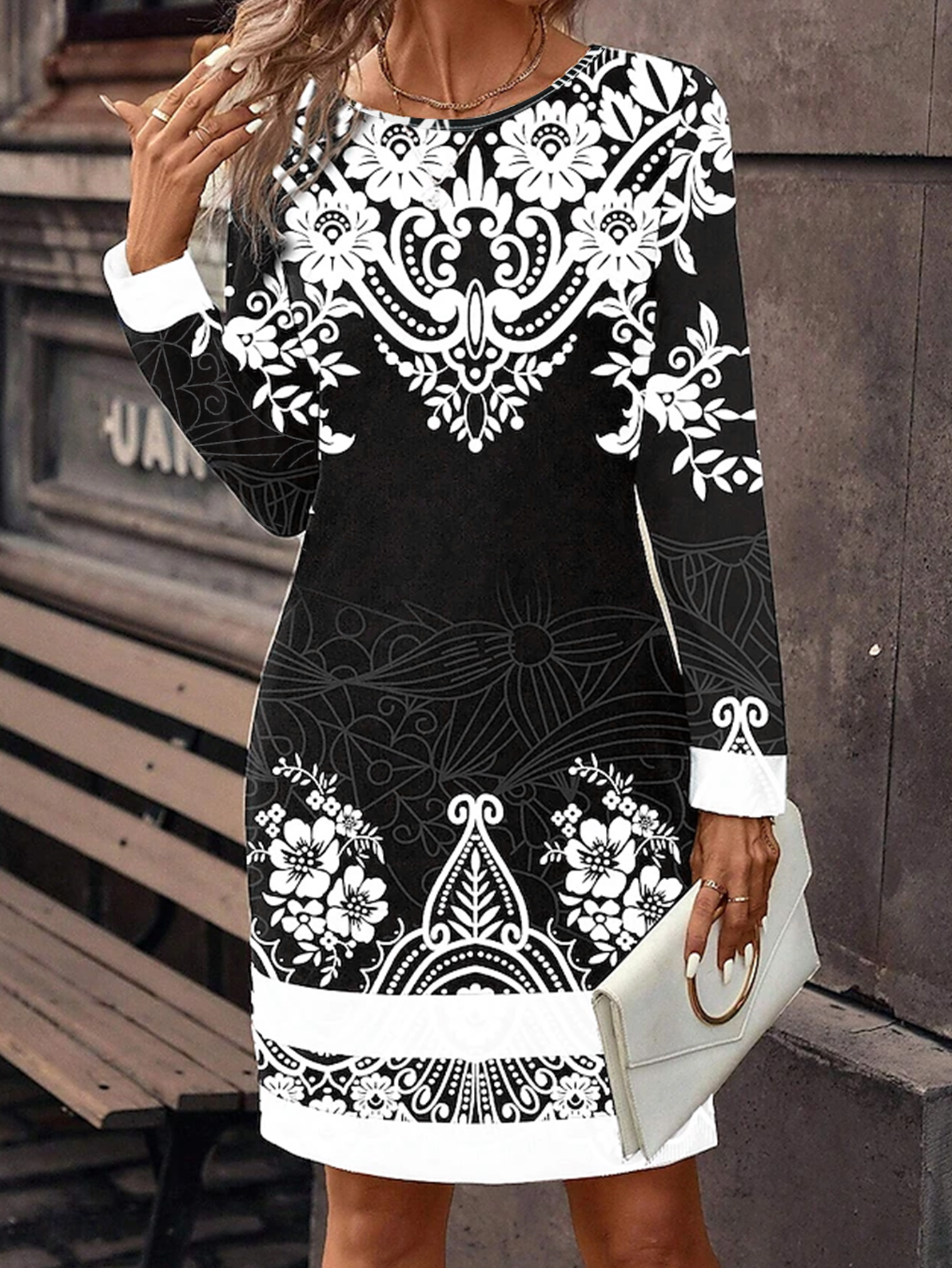 Women's Vintage Paisley Floral Printed Dress - Elegant Sheath Party & Casual Black Dress-CF41429