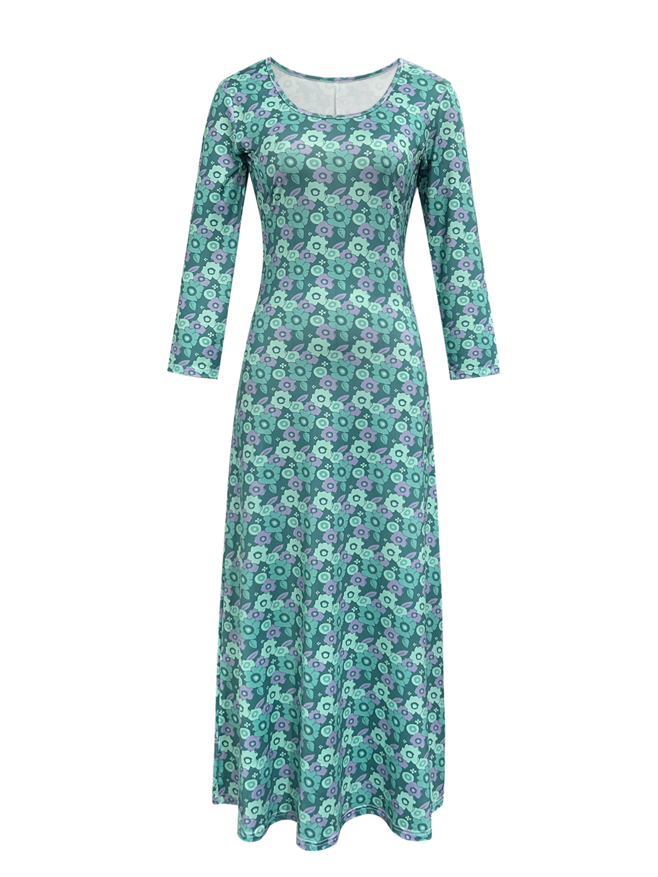 Women's Autumn Winter New Floral Printed Maxi Dress - Elegant Versatile Office - Wear Dark Cyan Dress-CF41088