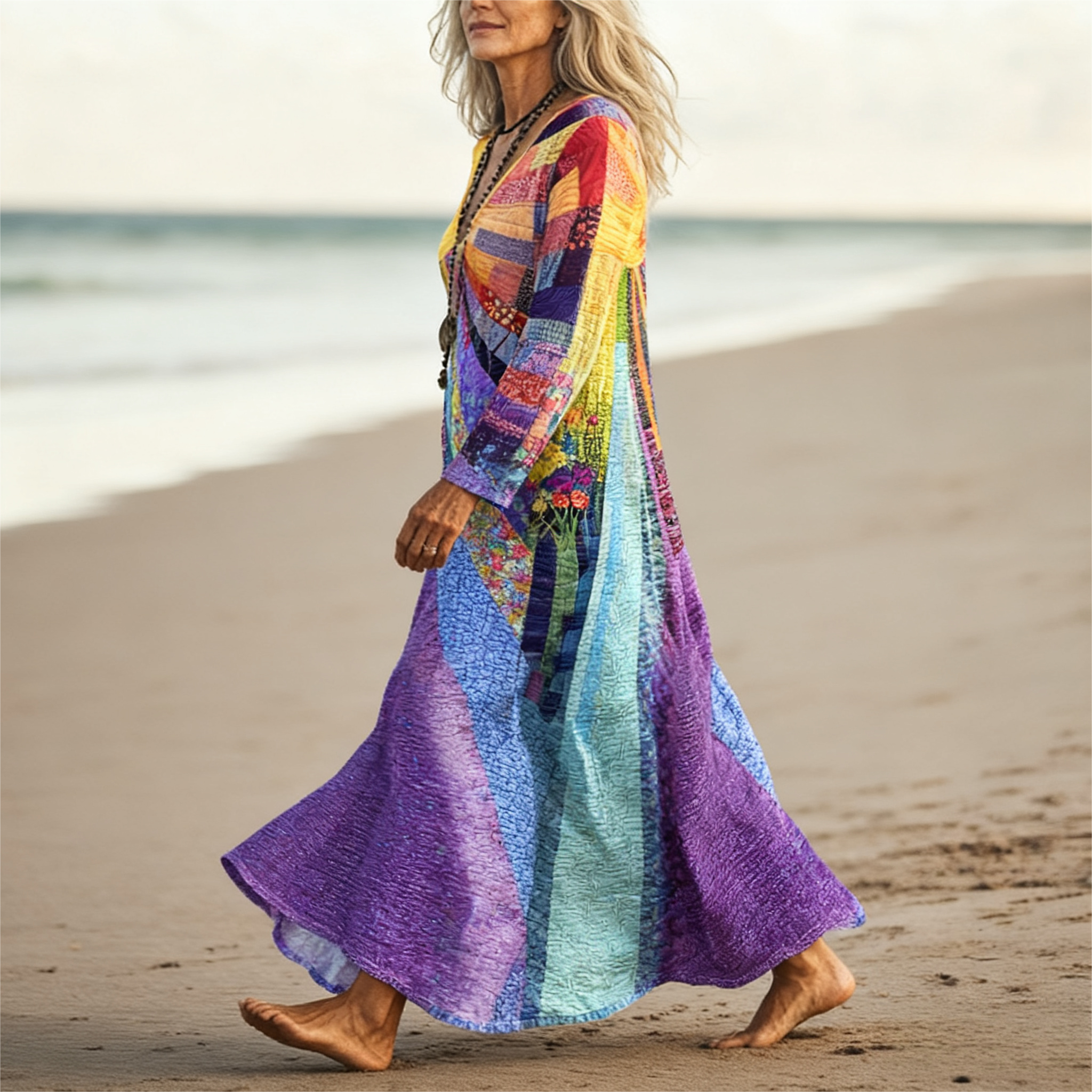 Women's Autumn New Vacation Plant - Printed V - Neck Maxi Dress - Elegant & Casual Mixed - Color Dress-CF50930