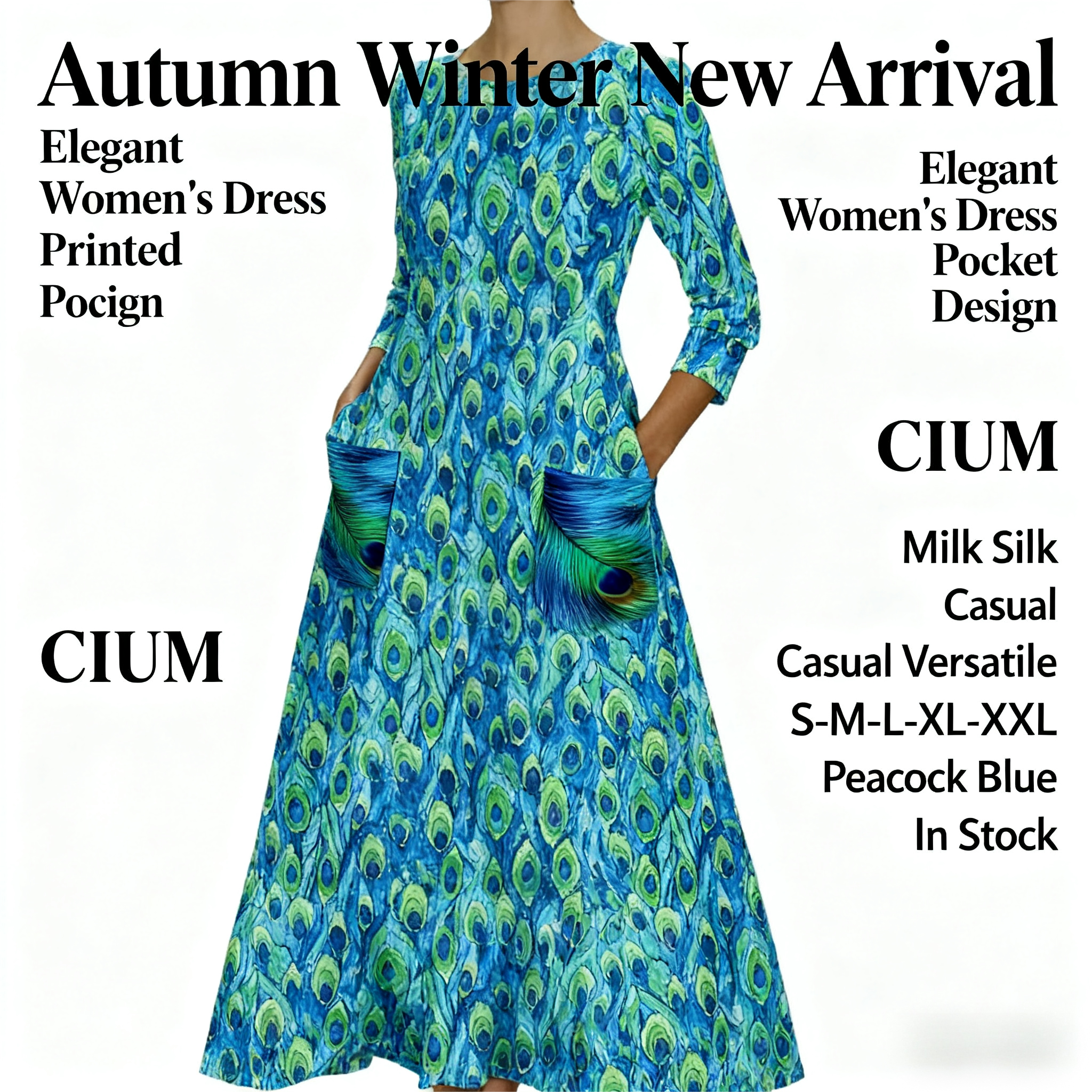 Women's Autumn Winter New Peacock - Printed Midi Dress with Pockets - Elegant & Versatile Peacock Blue Dress-CF56336