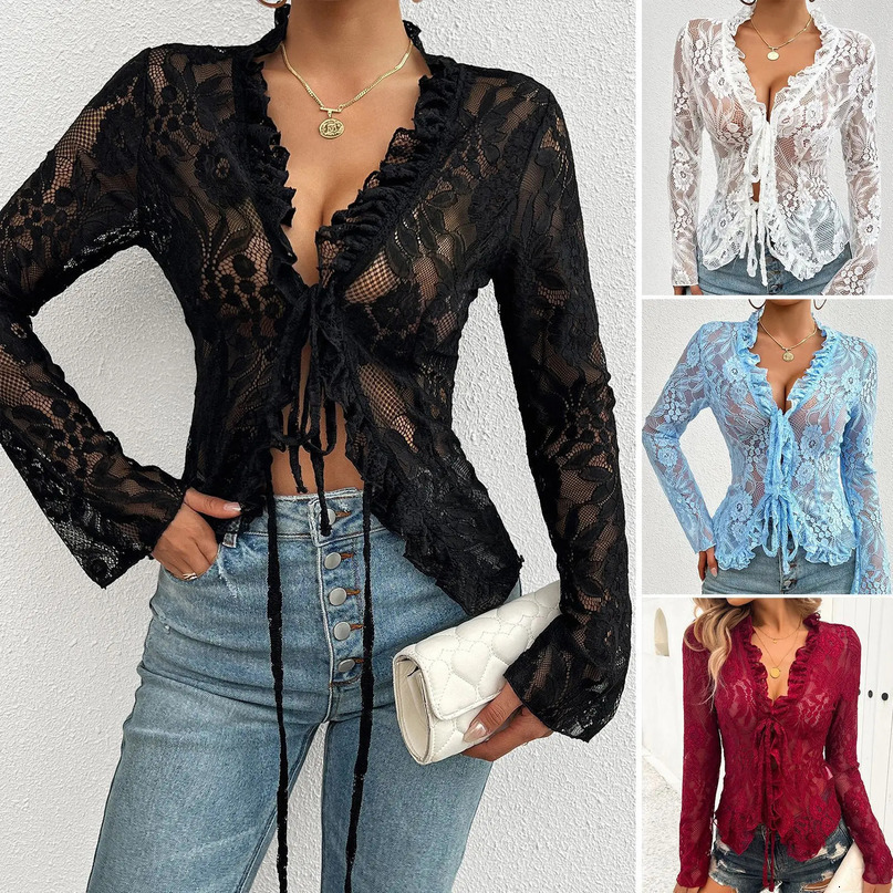 Spring Summer Sexy Slim Fit Long Sleeved Women Lace Top Vshaped Collar Flared Sleeves Gauze Mesh Girls Clothes 250814