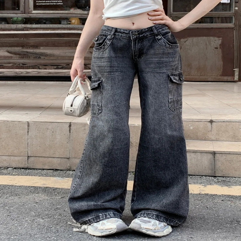 Cyber Y2K Streetwear Vintage Black Grey Baggy Flared Cargo Jeans Pants For Women Clothing Kpop Casual Lady Cotton Trousers 250612