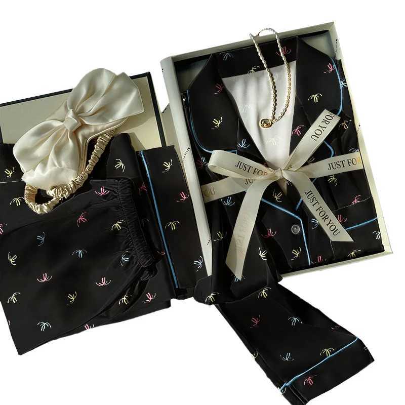 Womens VintageInspired Premium Colourful Lightweight Luxury Ice Silk Pyjamas LongSleeved Top and Trousers Homewear Set Y251010