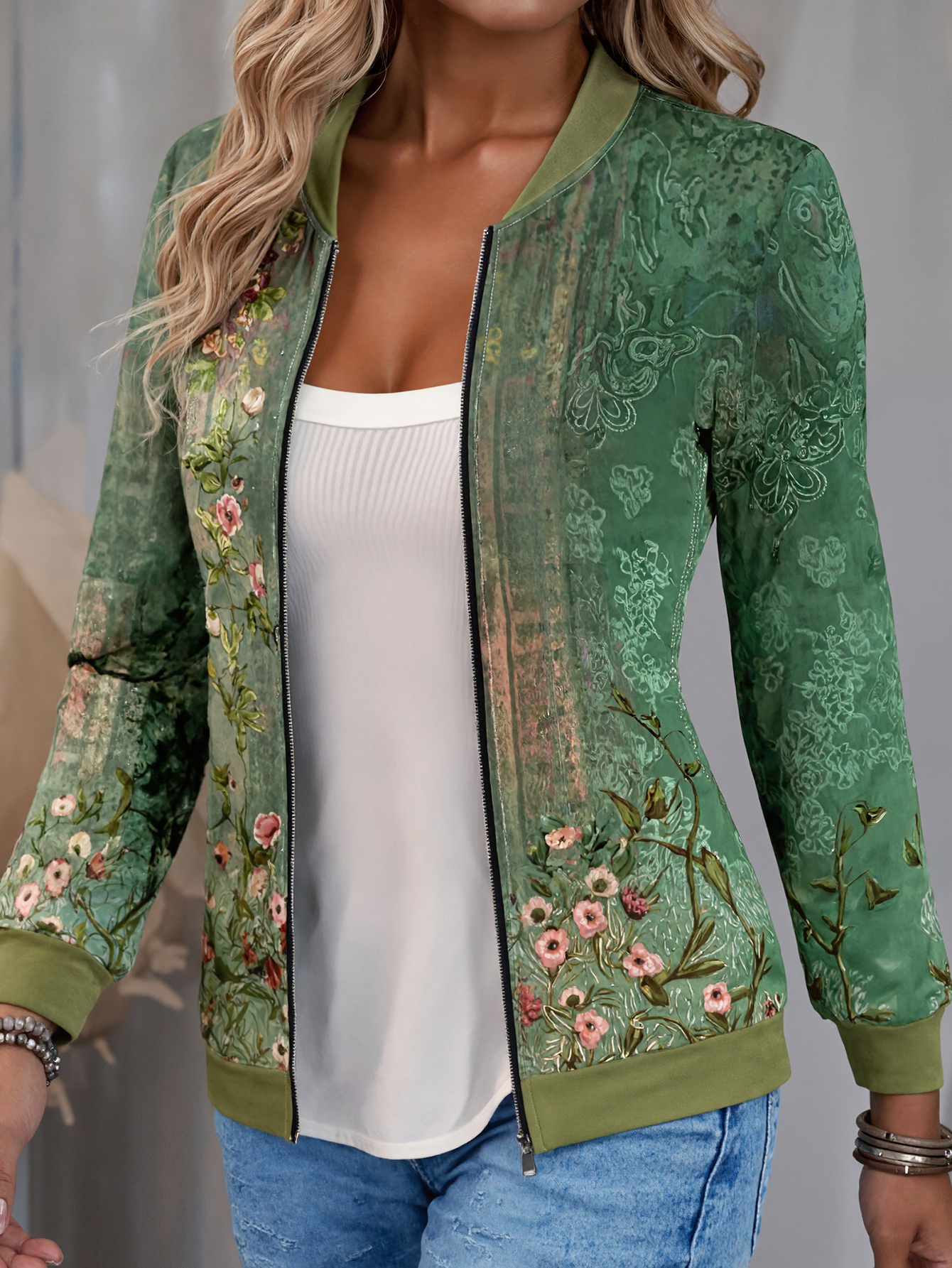 Women's Autumn Retro Mom - Style Lightweight Jacket - Versatile Office & Vacation Green Printed Jacket-CF25124