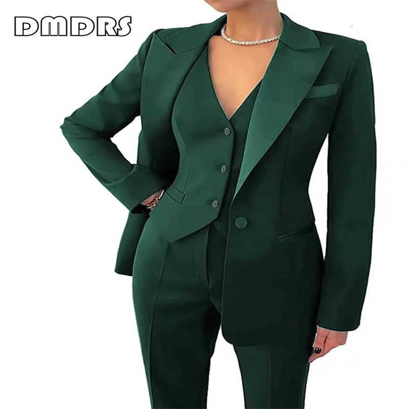 Ultra slim fit womens set 3piece one button jacket vest pants plus size formal tailcoat with pockets 241115