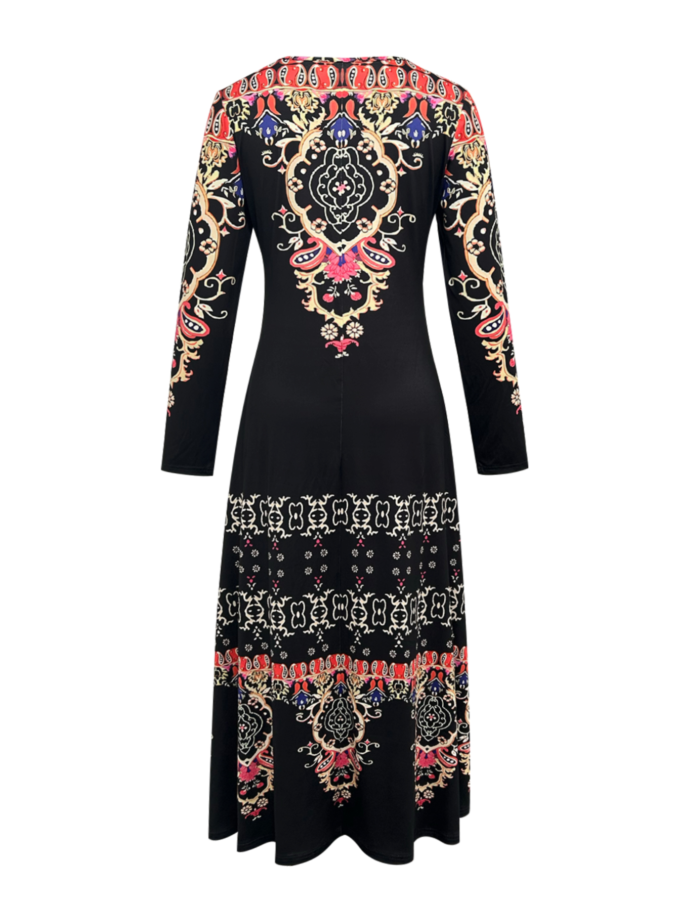 Women's Autumn Winter New Floral Printed Maxi Dress - Casual Versatile Vacation Round - Neck Long - Sleeve Black Dress-CF56282