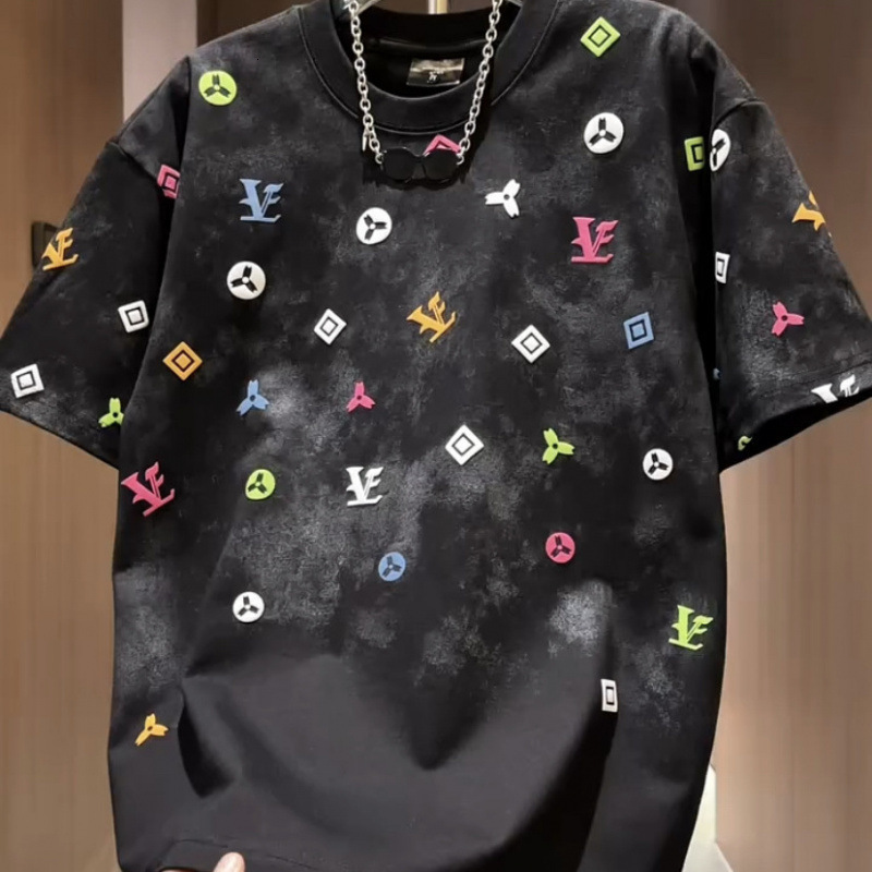 European Style Tie-dye Round Neck Short Sleeve Men's Designer Hoodie Light Luxury New Summer Trend Loose Designer Shirt American Style Half Sleev