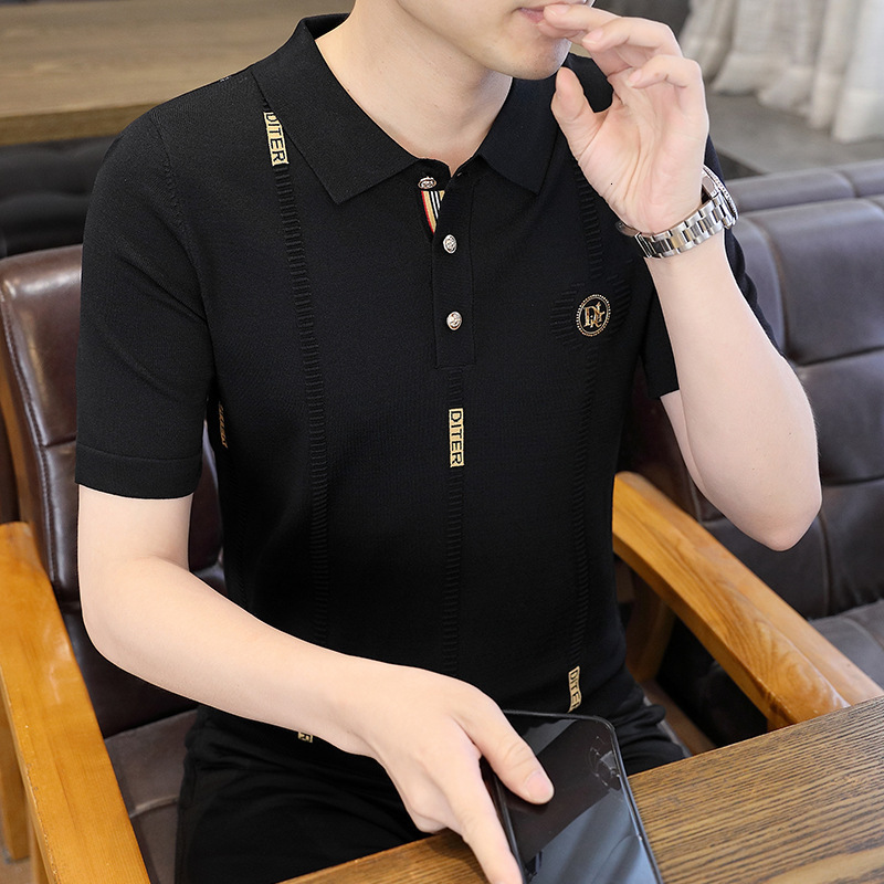 Turn-down Collar Knitted Short Sleeve T-shirt Men's Thin Slim Fit Summer Designer Hoodie Ice Silk Top Trendy Top Polo Designer Shirt T-shirt Men