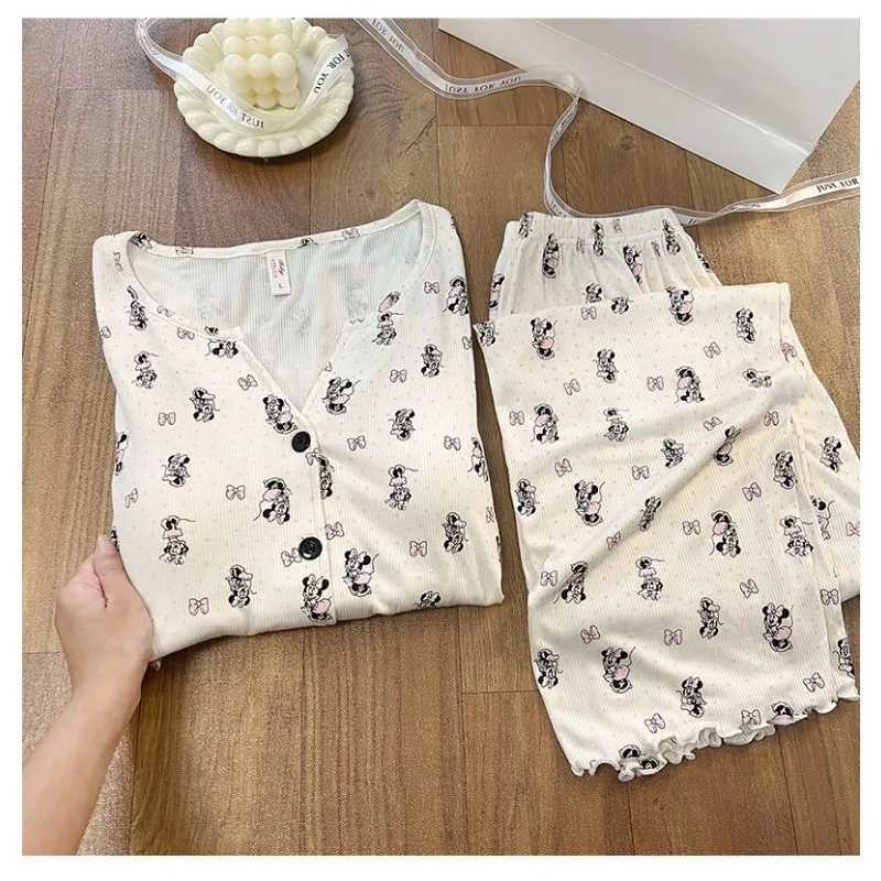 Cartoon Minnie Bow Dot Print Twopiece Set Pajamas Vneck Fashion Korean Casual Home Clothes Set Autumn New Fashion Sleepwear Y251010