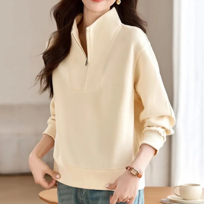 Hoodies Highneck Solid Color Zipper Lantern Long Sleeve Pullover Womens Clothing Casual Elegant Sports Office Lady Tops 241203