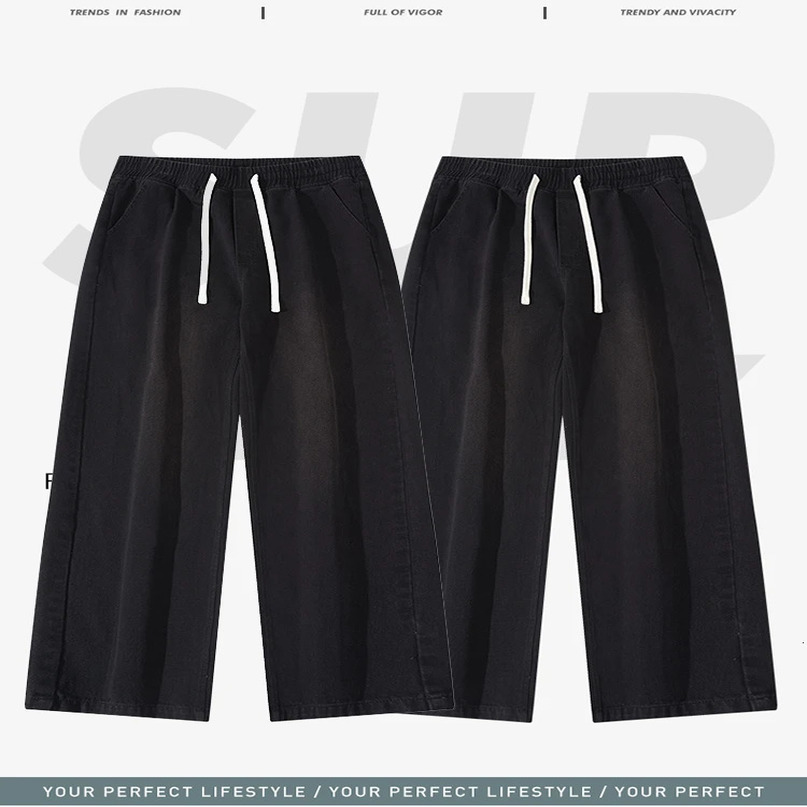 Spring High Street Men Loose Elastic Waist Baggy Straight Jeans Streetwear Y2K Vintage Fashion Wideleg Denim Pants 240619