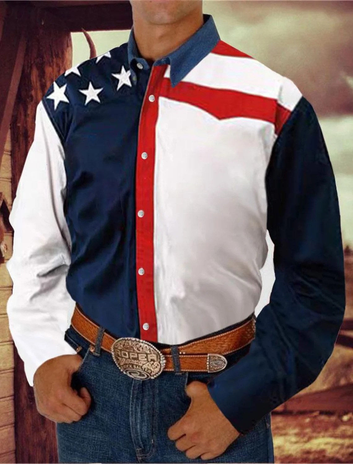 Flag Pattern Mens Retro Color Block Long Sleeve Button Up Shirt Spring Fall Cowboy Style Shirt 251008