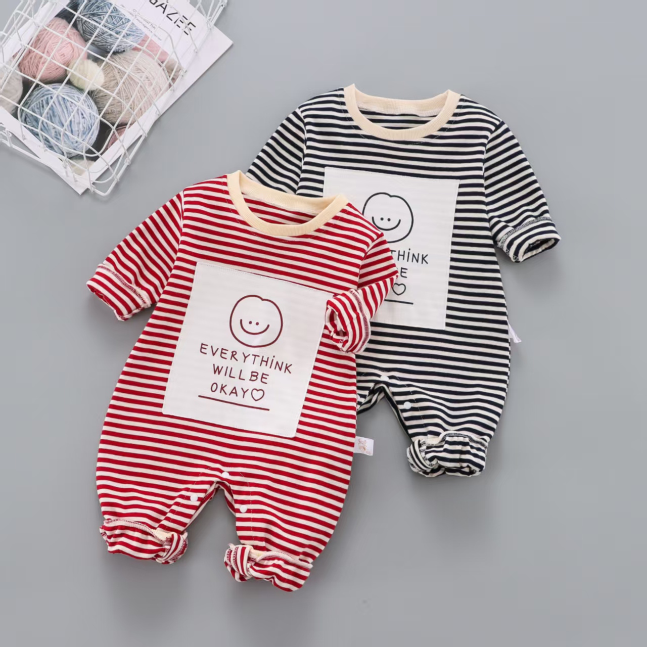 Baby and toddler clothing outdoor pure cotton smiling striped jumpsuit