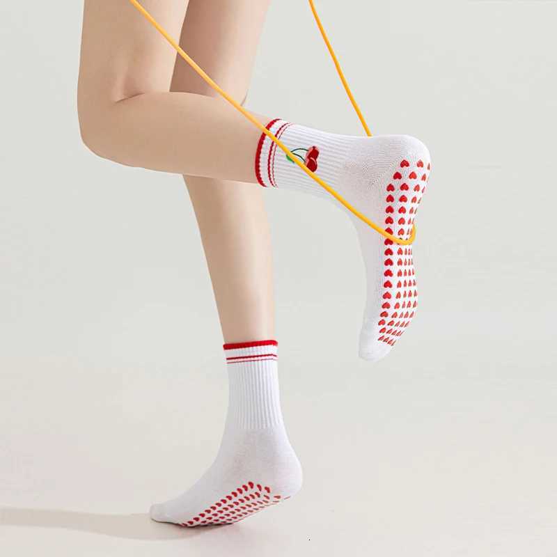 Embroidery Cherryes Yoga Pilates socks for women Nonslip floor sports Calf socks Fashion allmatch trend socksW251011