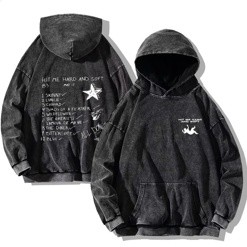 Hit Me Hard and Soft Washed Hoodies Vintage Cotton Hooded Pullover Mens Womens Loose Casual Gothic Sweatshirts Y2K Coat Unisex 241203