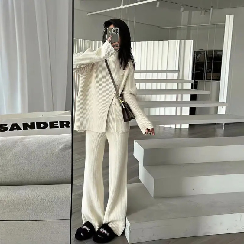 Womens semi high neck y knitted suit autumn and winter elegant fashionable casual sweater wide leg pants twopiece set 241008