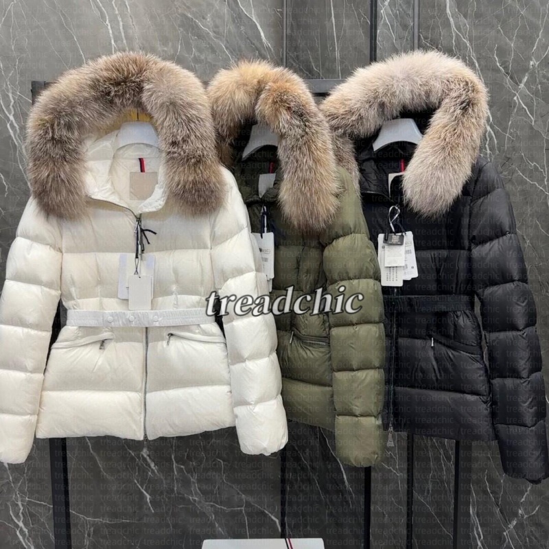 Designer Winter Women's down Jacket Fox Fur collar Embroidered Boed badge Warm Fashion Jacket with Belt Women's cotton coat with large pockets tucked in waist