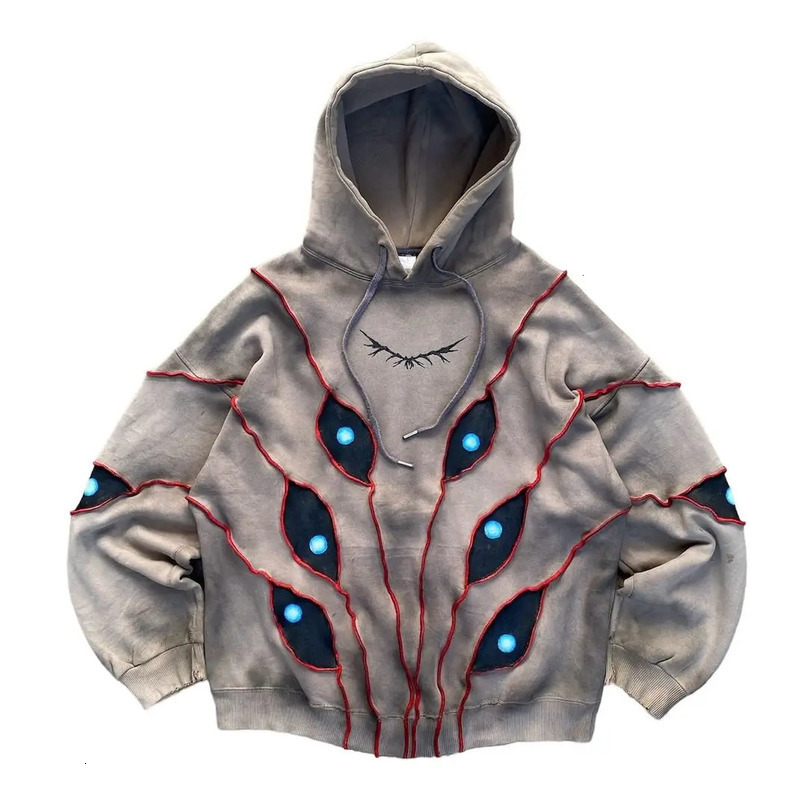 Gothic Punk Eye Pattern Patchwork Hoodies Women Y2k Top Retro Loose Long Sleeve Sweatshirt Men and Hoodie Streetwear 240806