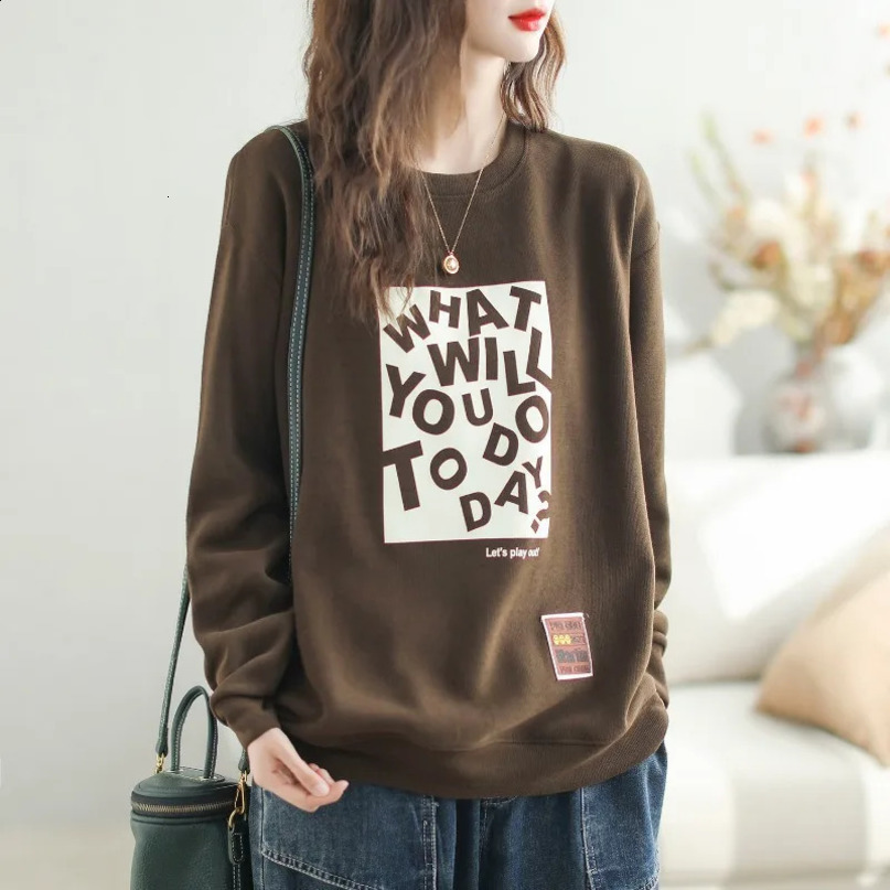 Womens Solid Round Neck Cotton Autumn and Winter Korean Loose Printed Letter Long Sleeve Pullover Hoodies All Match Tops 241203