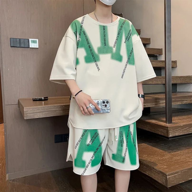 Casual Summer Mens Two Piece Sets Korean Fashion Short Sleeve TShirt Shorts Tracksuits Sport Streetwear Outfit 240518