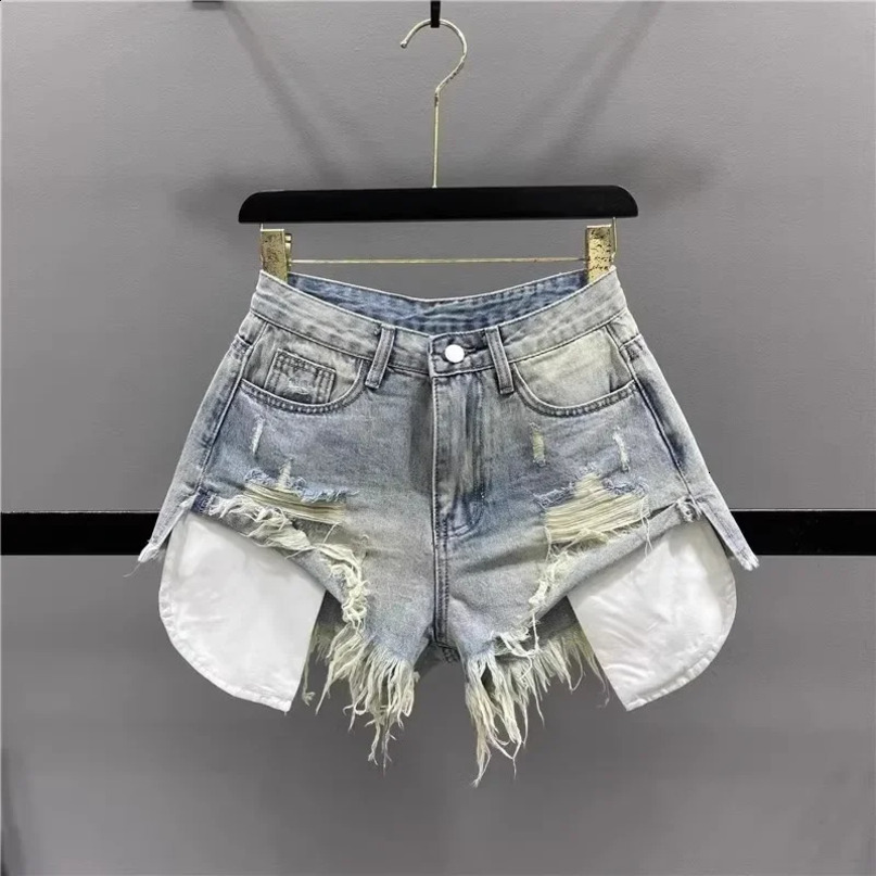 Korean retro blue sexy ripped jeans womens splicing work Aline high waisted denim ultra short 240926
