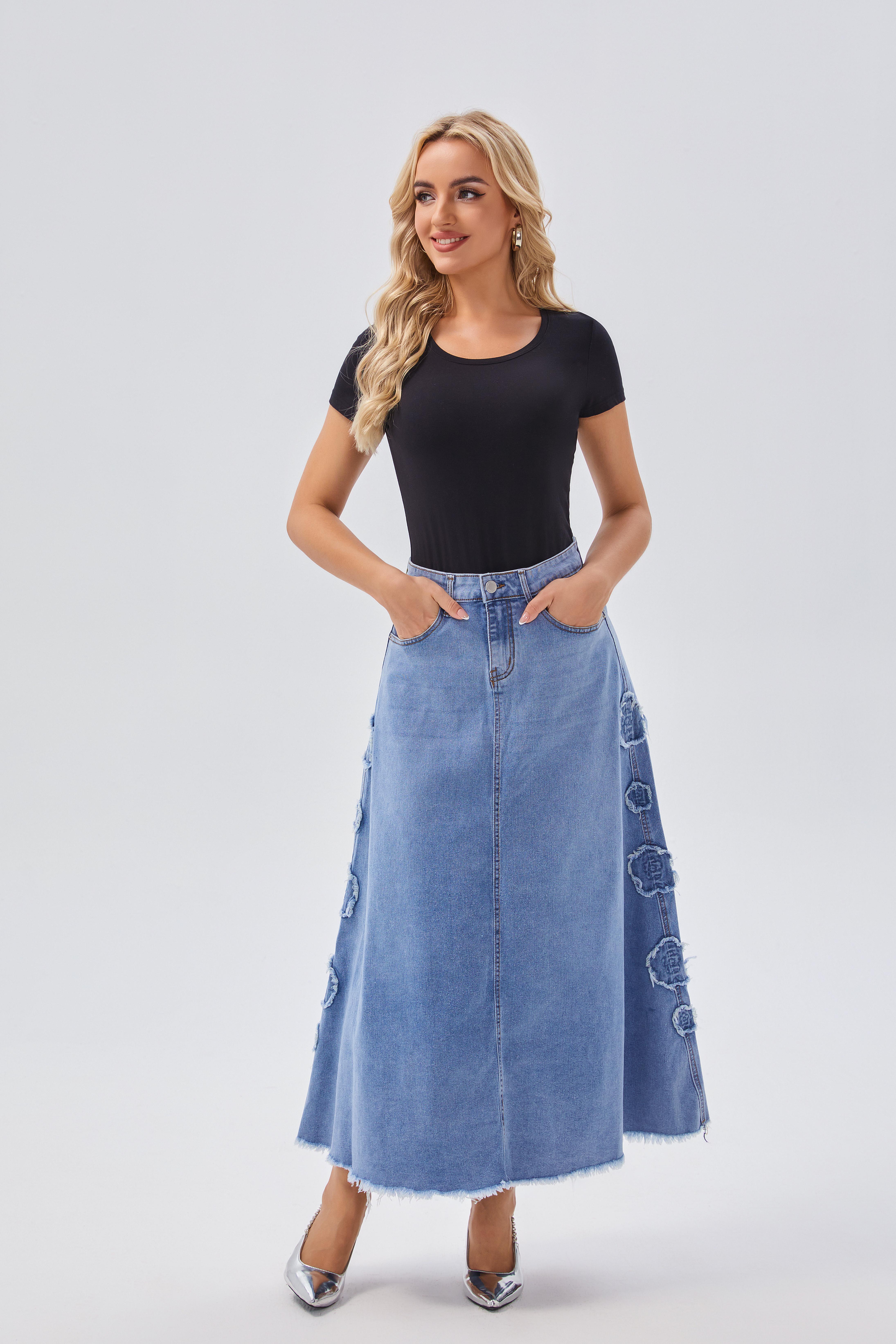 Skirts Women's High - Waisted Denim A - line Maxi Skirt with Flower Applique - Bohemian Style, Ideal for Festival & Casual Wear