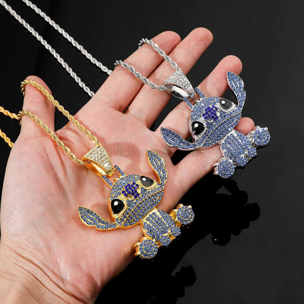 Disney Lilo and Stitch Hip Hop Necklace Kawaii Stitch Full Rhinestones Pendant Necklace Fashion Jewelry Anime Neck Chains Gifts H2510111