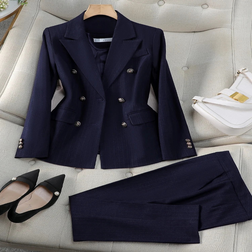 Womens workwear 2piece set of black blue striped formal jacket and Trouser 241115