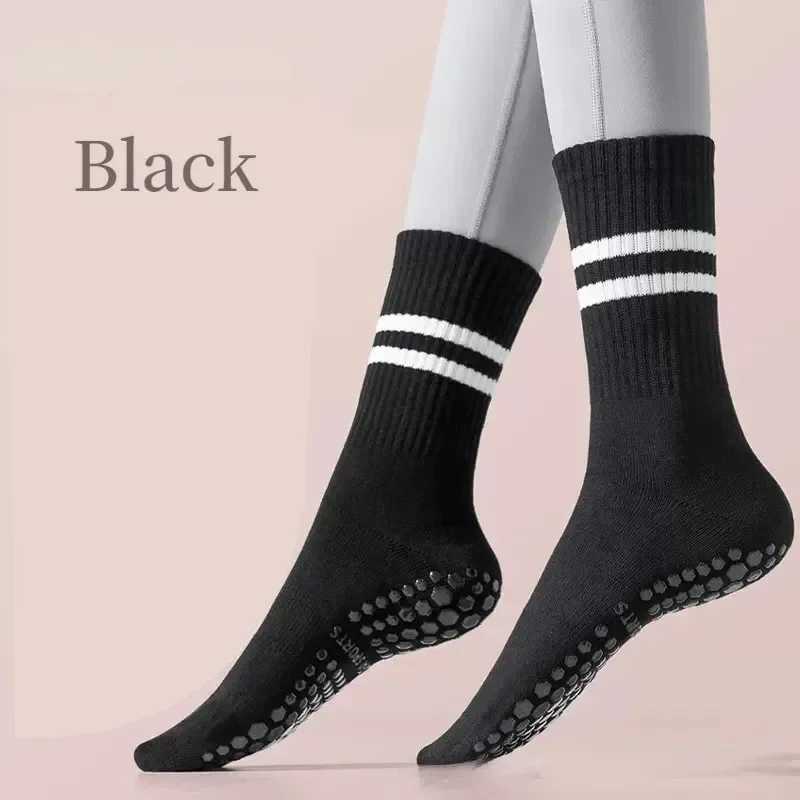 2 Pairs Antislip Yoga Pilates Socks Nonslip Sports Grip Socks High Mid Tube Crew Socks StripedW251011