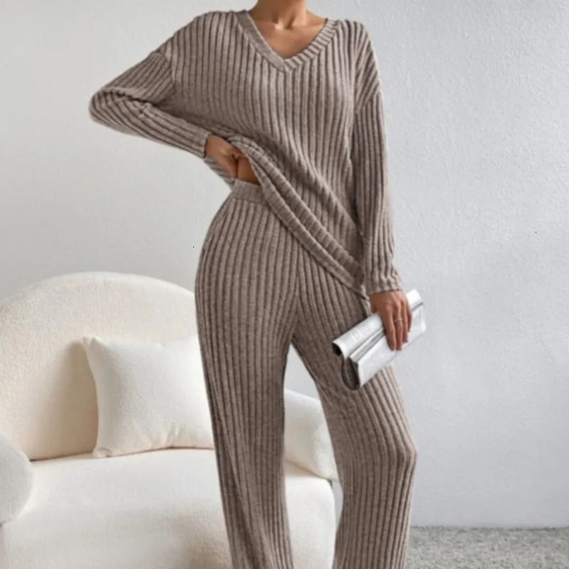 Womens autumn and winter set fashionable casual pit stripe wool Vneck top straight pants solid color sweater twopiece 241008