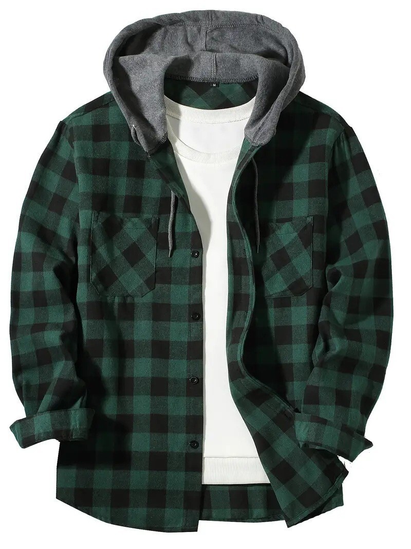 Youth Trend Plaid Loose Fit Sports Casual Single-Breasted Hooded Sweatshirt Round Neck Pocket Decoration Casual Fleece Plaid Hooded Sweatshirt