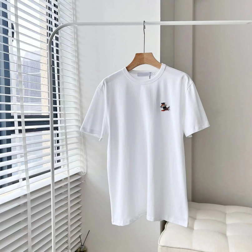 Spring M Family Hooded Fox Embroidery Couple Style Combed Cotton Round Neck Short Sleeve Versatile Straight Tshirt 240601