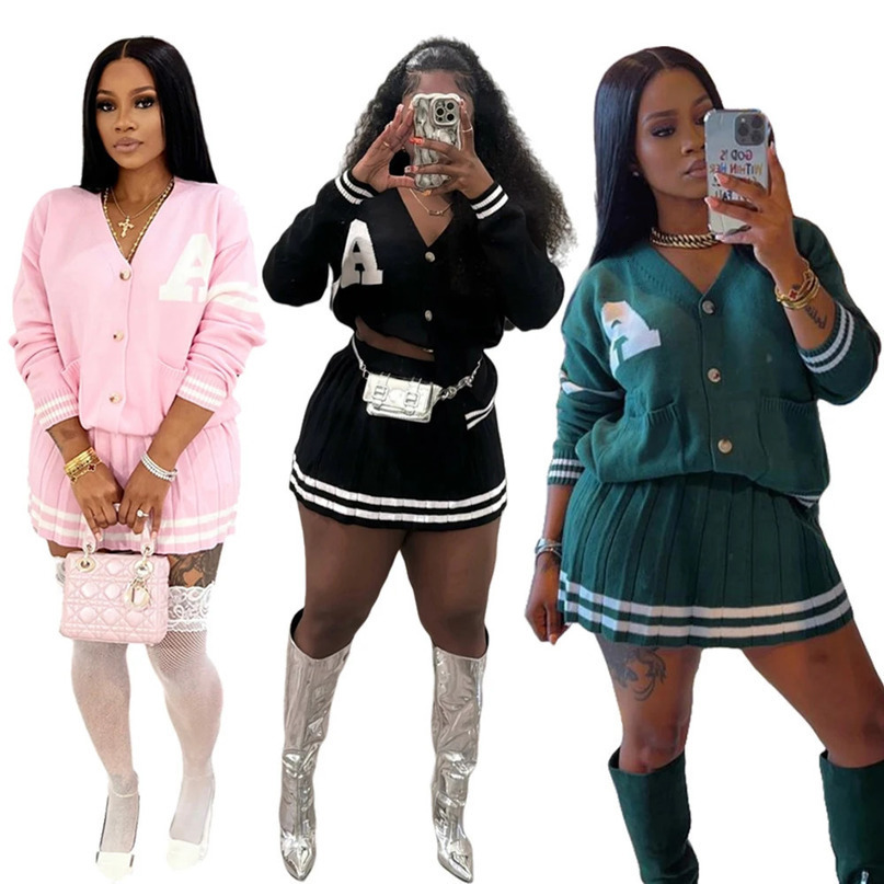 Knit Pleated Sweater Skirts 2 Two Piece Set Trendy Women Clothing Striped Letter Button Cardigan With Matching Mini Skirt Sets 250214