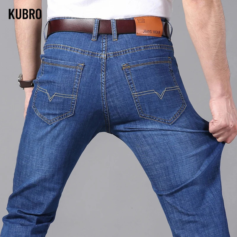 KUBRO Mens Jeans Summer Thin Pants Straight Blue Jean Baggy Casual Work Denim Pant High Elasticity Wide Leg Business Male 240619