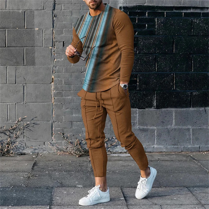 Fashionable mens long sleeved Tshirt set sports pants 3D printed casual clothing oversized track and field 2piece 241008