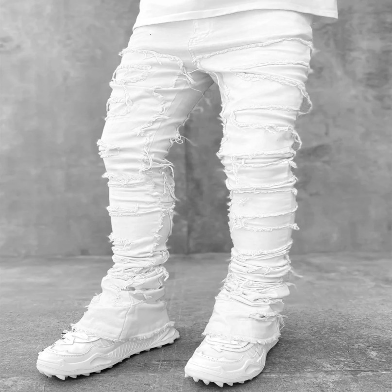 High Street White Mens Stacked Jeans Stretched Patchwork Tassel Damaged Denim Full Length Pants Hippop Trousers For Male 240806