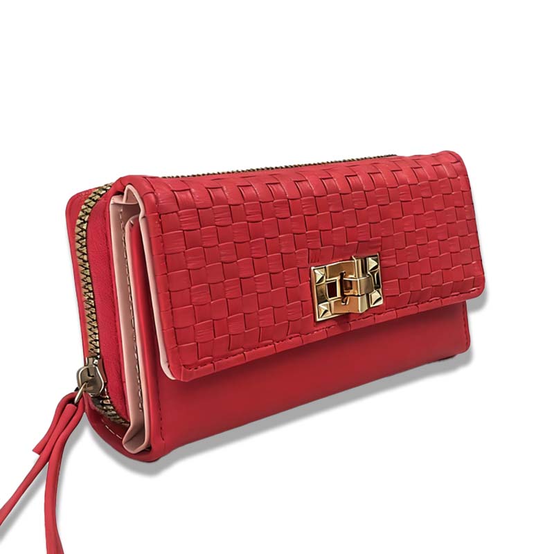 Wallets Women's Fashion Red Long Zipper Wallet - Woven Texture Clutch with Wrist Strap & Metal Lock, Multi - Card Slot Easy Storage Purse for Dai