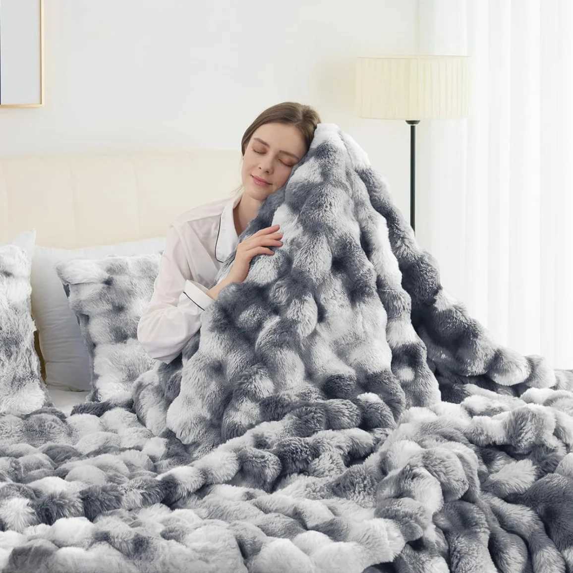 1pc Faux Rabbit Fleece Blanket Weighted 6 lbs Faux Rabbit Fleece Blanket Bedspread C251011