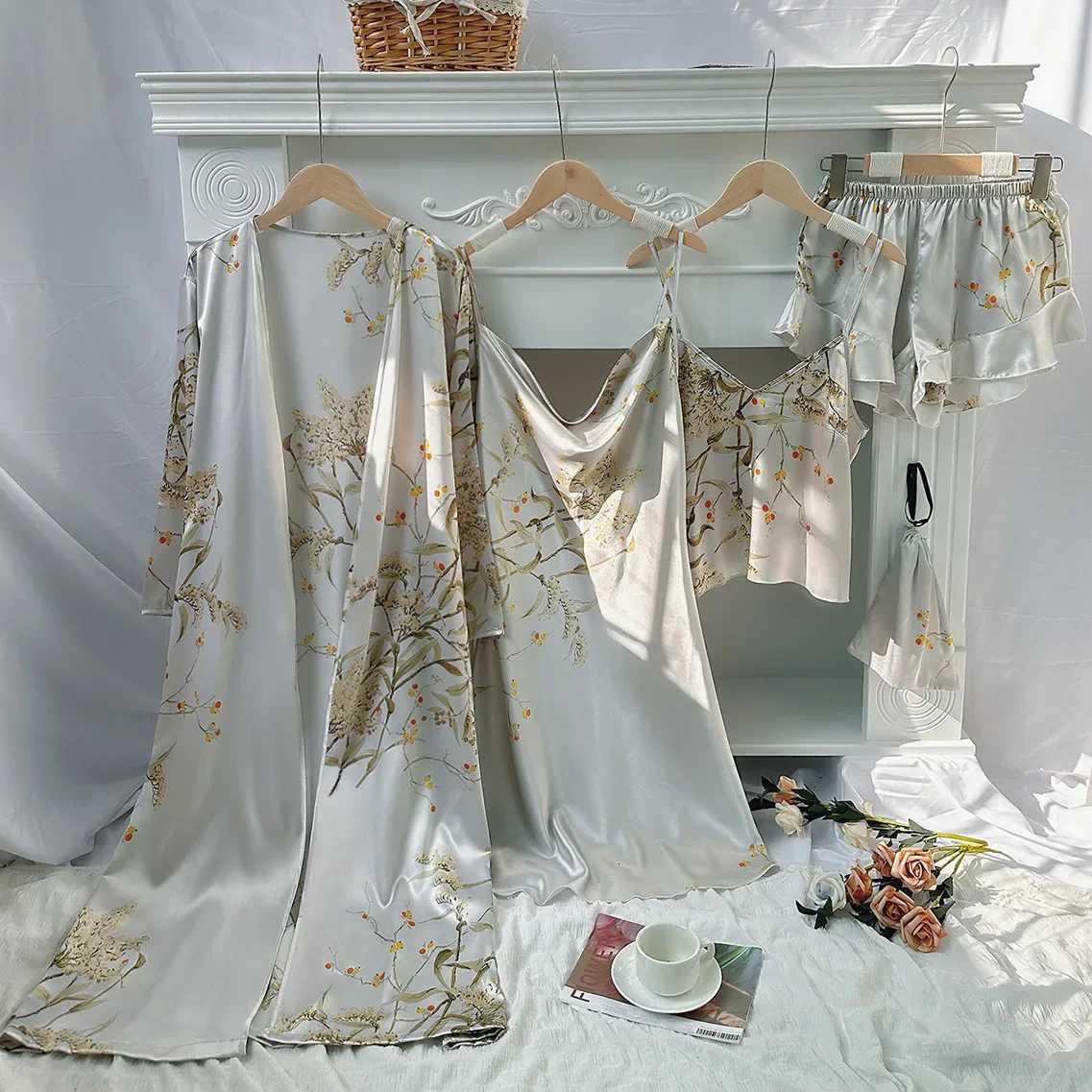 Silk Satin Cherry Print Women Pajama Set Cowl Neck 5 Pieces Sleepwear Sleeveless Nightgown Camisole Shorts Nightwear Homewear Y251010