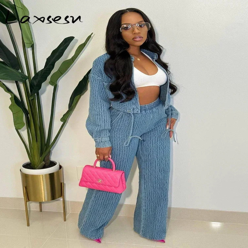 Laxsesu Fashion Denim Womens Set Long Sleeve Button Front Jacket and Wide Leg Jeans Pants Two Piece Dress 241008