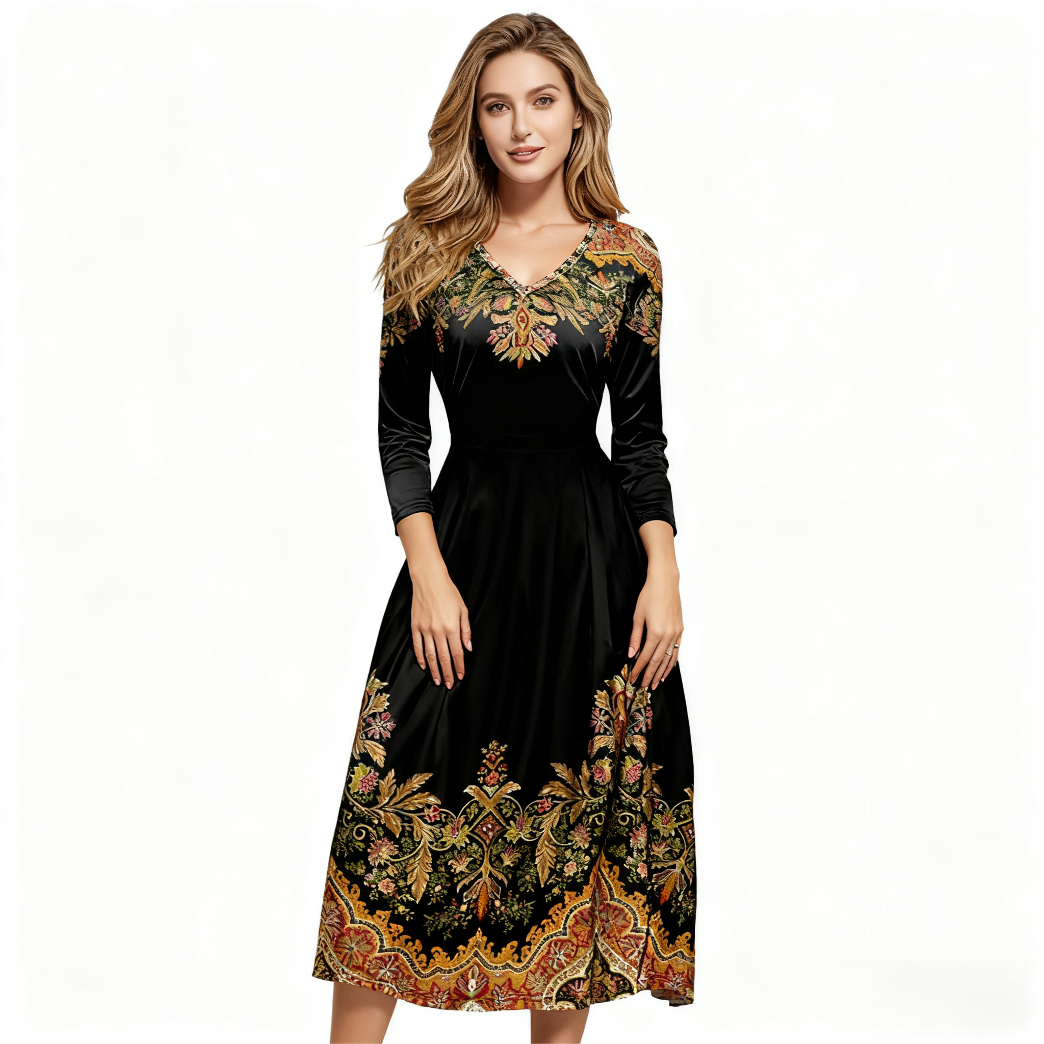 Women's Autumn Winter New Plant - Printed Long - Sleeve Dress - Casual & Versatile Black Midi Dress-CF56280