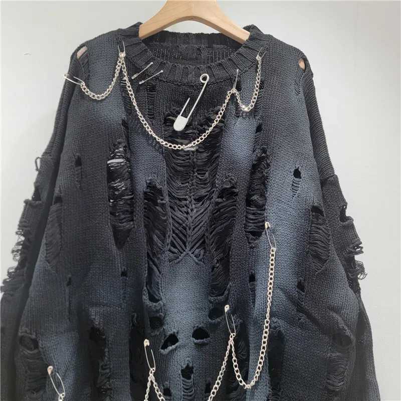 DEAT Womens Knitted Pullover Tiedye Holes Chains Pins Loose Long Slve Oneck Sweaters 2025 New Fashion Autumn 29A2729 L2510102QVT