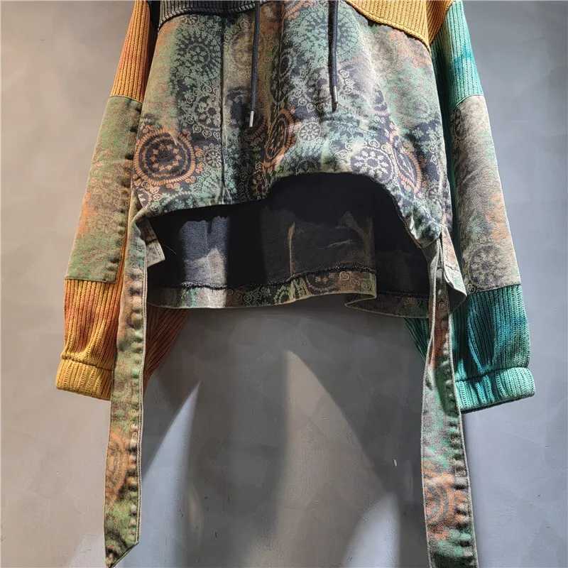 DEAT Women Hooded Pullover Patchwork Knitted Sweater Denim Printed Short Front Long Back Hoodie 2025 New Fashion Autumn 29A2289 L2510108ALU