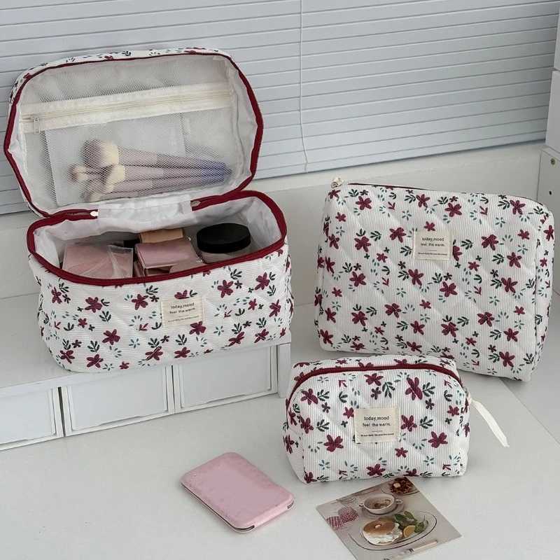 Fi Red Floral Tote Wen Bag Large Capacity Cosmetic Storage Bag Corduroy Makeup Pouch D251011