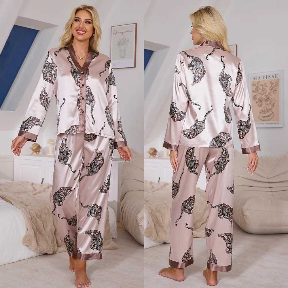 New Women Pajamas Set Sleepwear Sexy Print Leopard Long Sleeve Cardigan Trouser Pijamas Suit Spring Satin Home Wear Loungewear Y251010