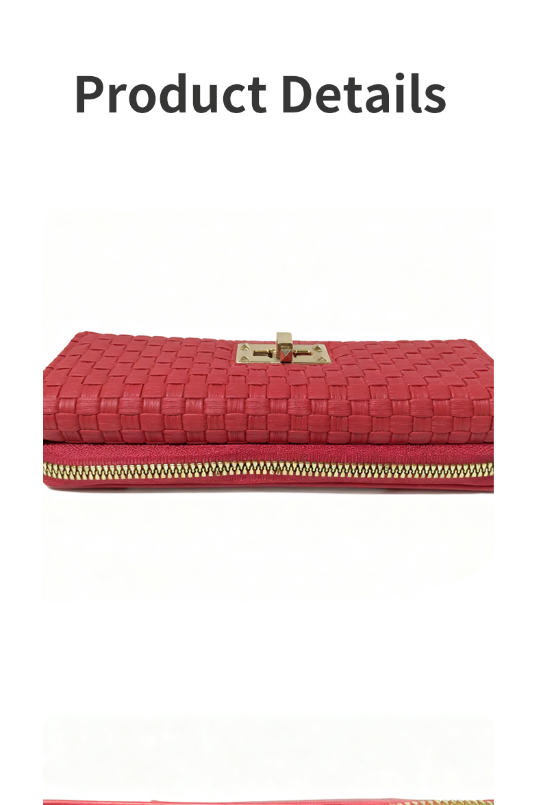 Wallets Women's Fashion Red Long Zipper Wallet - Woven Texture Clutch with Wrist Strap & Metal Lock, Multi - Card Slot Easy Storage Purse for Dai