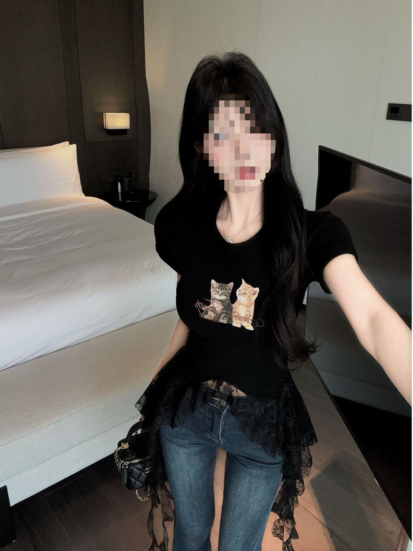 American Style Hot Designer Shirt Girl Ins Style Cat Print Short Sleeve T-shirt For Women Summer Designer Hoodie Lace Tassel Irregular Slim Fit Short Top