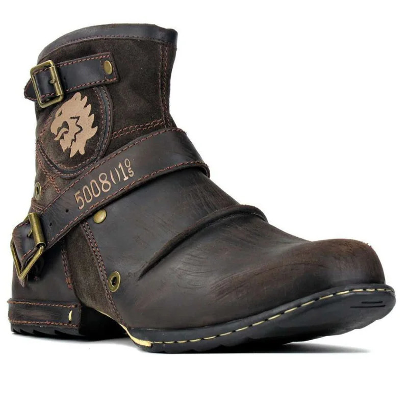 Mens Ankle Boots High Quality Cowboy Boots Men Metal Buckle Side Zipper Motorcycle Boots Gothic Boots Retro Western Boots 251010